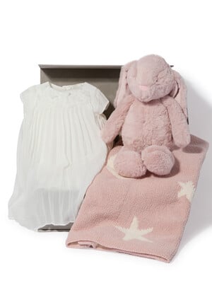Pleated Dress - 4 Piece Gift Set with Soft Toy Pink Bunny and Chenille Blanket